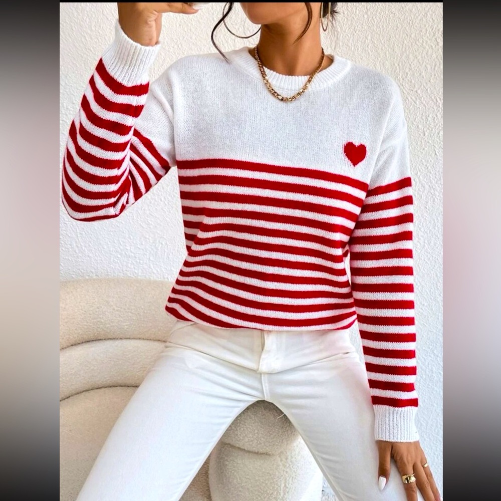 ❌SOLD❌Heart & Stripe Pattern Drop Shoulder Sweater